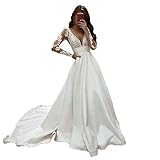WZEFEIO Vestido de Novia Retro, Vestido de Novia de Encaje Applikes Vestido de Novia de Manga Larga Vestido de Novia Sirena Vestido de Dama de Honor, Blanco, 10