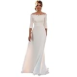 WZEFEIO Vestido de Novia Retro, Vestido de Novia de 3/4 Mangas con Cremallera de Satén sobre Hombros, Blanco, 12