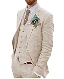 Traje de boda de lino de 3 piezas para hombre, dos botones, esmoquin para novio, con una sola botonadura, etiqueta de pico, traje de negocios, ropa casual, beige, 36