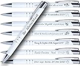 50 bolígrafos de boda blancos grabados personalizados. Cualquier texto que quieras. Para diversas ocasiones: souvenirs para invitados de boda, comuniones, bautizos, cumpleaños, aniversarios.