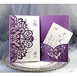 BLUGUL 10pcs Tarjeta de invitación de Boda, Invitaciones de Boda, Hollow Floral Design, con 2 Tarjetas en Blanco, Morado oscur