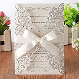 Hosmsua 20 tarjetas de invitación de bodas de encaje cortadas por láser flash plateado con lazo de cinta y sobre para la ceremonia de graduación del cumpleaños de compromiso de la ducha de la nov
