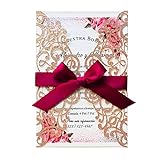 20 tarjetas de invitaciones de boda cortadas con láser con cintas y sobres para invitaciones de cumpleaños de despedida de soltera (brillo de oro rosa)